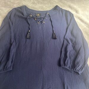 JM Collection Deep Blue Blouse with Tassel Accents